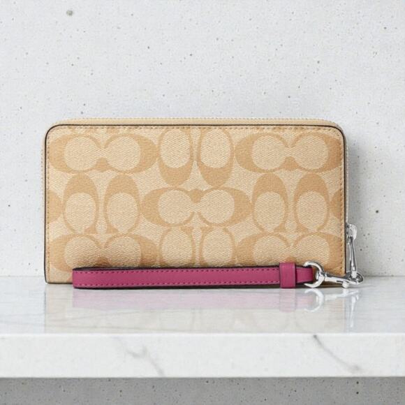 Coach Long Zip Around Wallet Signature Canvas Light Khaki Raspberry Pink C4452 - Picture 2 of 4